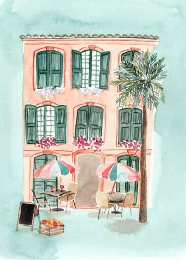 Cafe with parasol teal door Emma Block